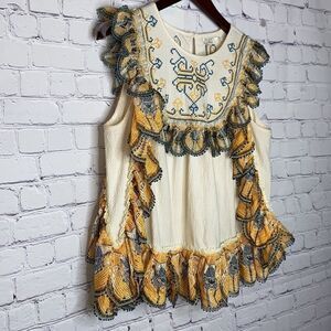 Leon Max Embroidered Cotton Boho Ruffle‎ Sleeveless Artsy Top M